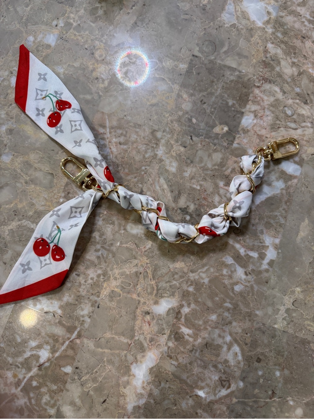 Cherry Print Scarf Bag Charm Gold Tone Purse Accessory